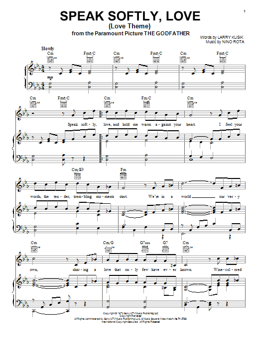 Preview Andy Williams Speak Softly, Love (Love Theme) Film and TV sheet music, notes and chords for Piano, Vocal & Guitar (Right-Hand Melody), SKU: 16432 sheet music, piano notes, chords, guitar tabs, score, transpose, transcribe, how to play, guide, download, learn, tutorial, progression, song, artist, awards, billboard, mtv, vh1, tour, single, album, release