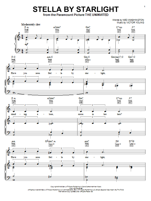 Preview Victor Young Stella By Starlight Jazz sheet music, notes and chords for Piano, Vocal & Guitar (Right-Hand Melody), SKU: 16434 sheet music, piano notes, chords, guitar tabs, score, transpose, transcribe, how to play, guide, download, learn, tutorial, progression, song, artist, awards, billboard, mtv, vh1, tour, single, album, release