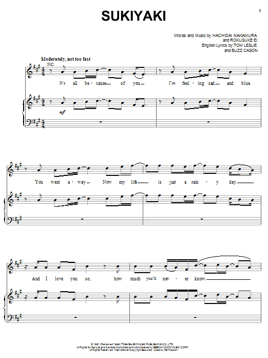 Preview 4 P.M. Sukiyaki Classics sheet music, notes and chords for Piano, Vocal & Guitar (Right-Hand Melody), SKU: 16435 sheet music, piano notes, chords, guitar tabs, score, transpose, transcribe, how to play, guide, download, learn, tutorial, progression, song, artist, awards, billboard, mtv, vh1, tour, single, album, release