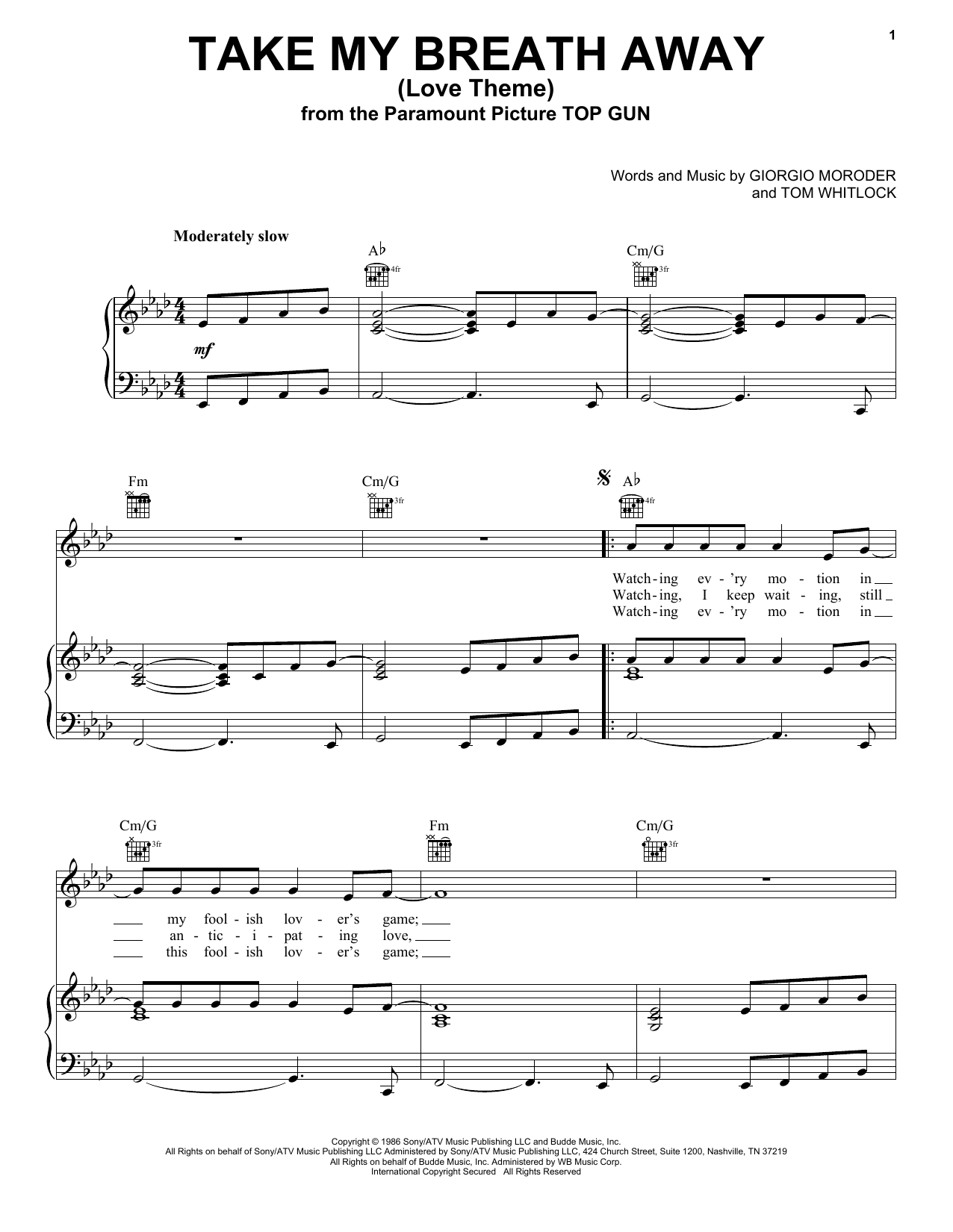 Preview Berlin Take My Breath Away (Love Theme) Film and TV sheet music, notes and chords for Piano, Vocal & Guitar (Right-Hand Melody), SKU: 16438 sheet music, piano notes, chords, guitar tabs, score, transpose, transcribe, how to play, guide, download, learn, tutorial, progression, song, artist, awards, billboard, mtv, vh1, tour, single, album, release