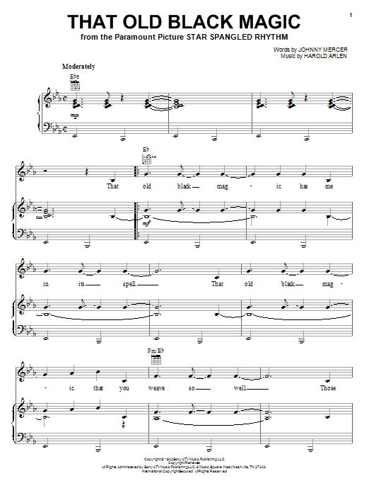 Preview Ella Fitzgerald That Old Black Magic Film and TV sheet music, notes and chords for Piano, Vocal & Guitar (Right-Hand Melody), SKU: 16441 sheet music, piano notes, chords, guitar tabs, score, transpose, transcribe, how to play, guide, download, learn, tutorial, progression, song, artist, awards, billboard, mtv, vh1, tour, single, album, release