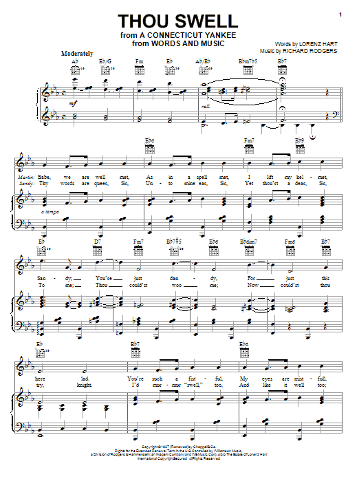 Preview Rodgers & Hart Thou Swell Folk sheet music, notes and chords for Piano, Vocal & Guitar (Right-Hand Melody), SKU: 16444 sheet music, piano notes, chords, guitar tabs, score, transpose, transcribe, how to play, guide, download, learn, tutorial, progression, song, artist, awards, billboard, mtv, vh1, tour, single, album, release