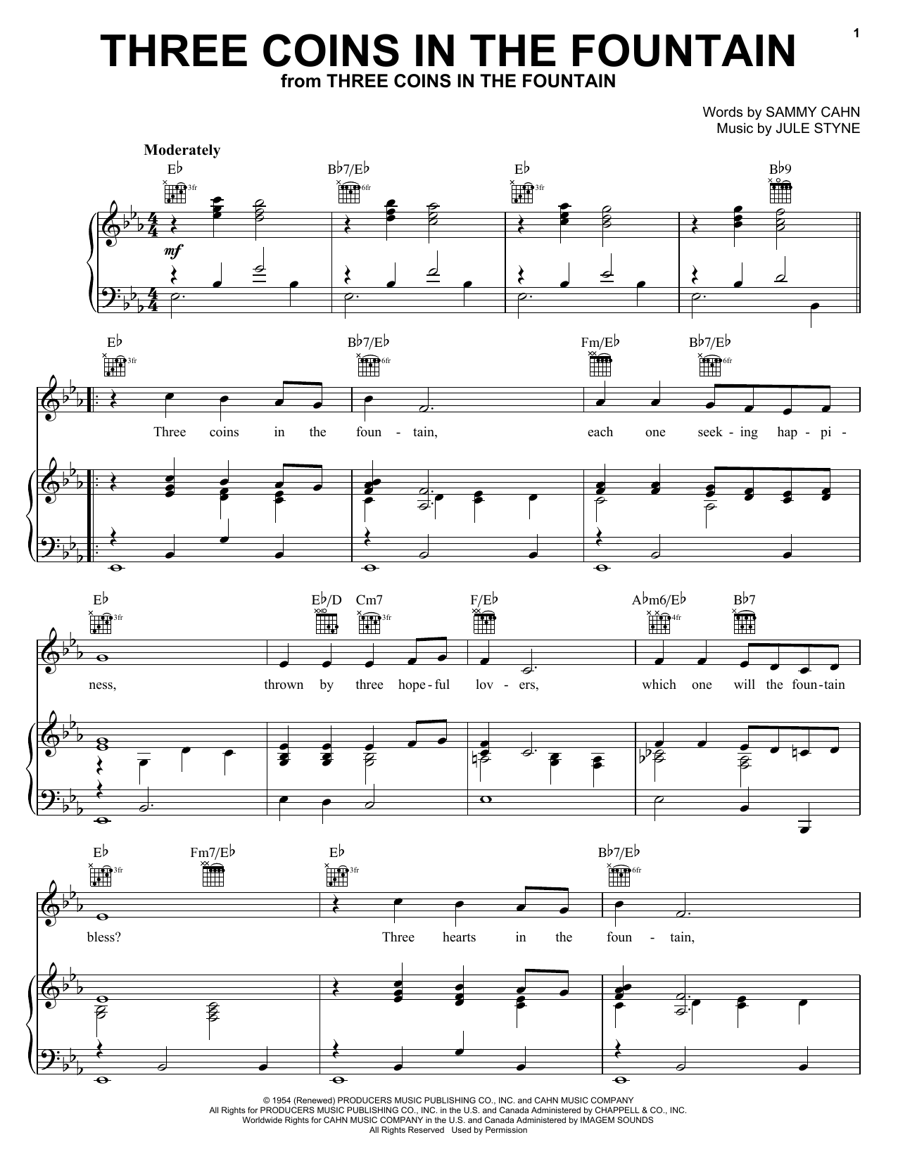 Preview Frank Sinatra Three Coins In The Fountain Folk sheet music, notes and chords for Piano, Vocal & Guitar (Right-Hand Melody), SKU: 16445 sheet music, piano notes, chords, guitar tabs, score, transpose, transcribe, how to play, guide, download, learn, tutorial, progression, song, artist, awards, billboard, mtv, vh1, tour, single, album, release