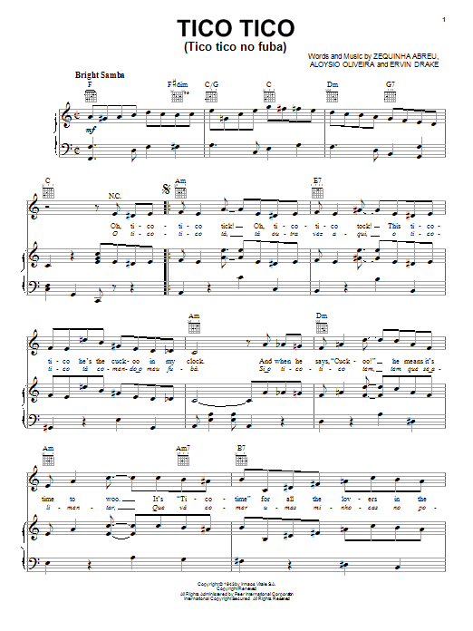 Preview Carmen Miranda Tico Tico (Tico Tico No Fuba) World sheet music, notes and chords for Piano, Vocal & Guitar (Right-Hand Melody), SKU: 16446 sheet music, piano notes, chords, guitar tabs, score, transpose, transcribe, how to play, guide, download, learn, tutorial, progression, song, artist, awards, billboard, mtv, vh1, tour, single, album, release