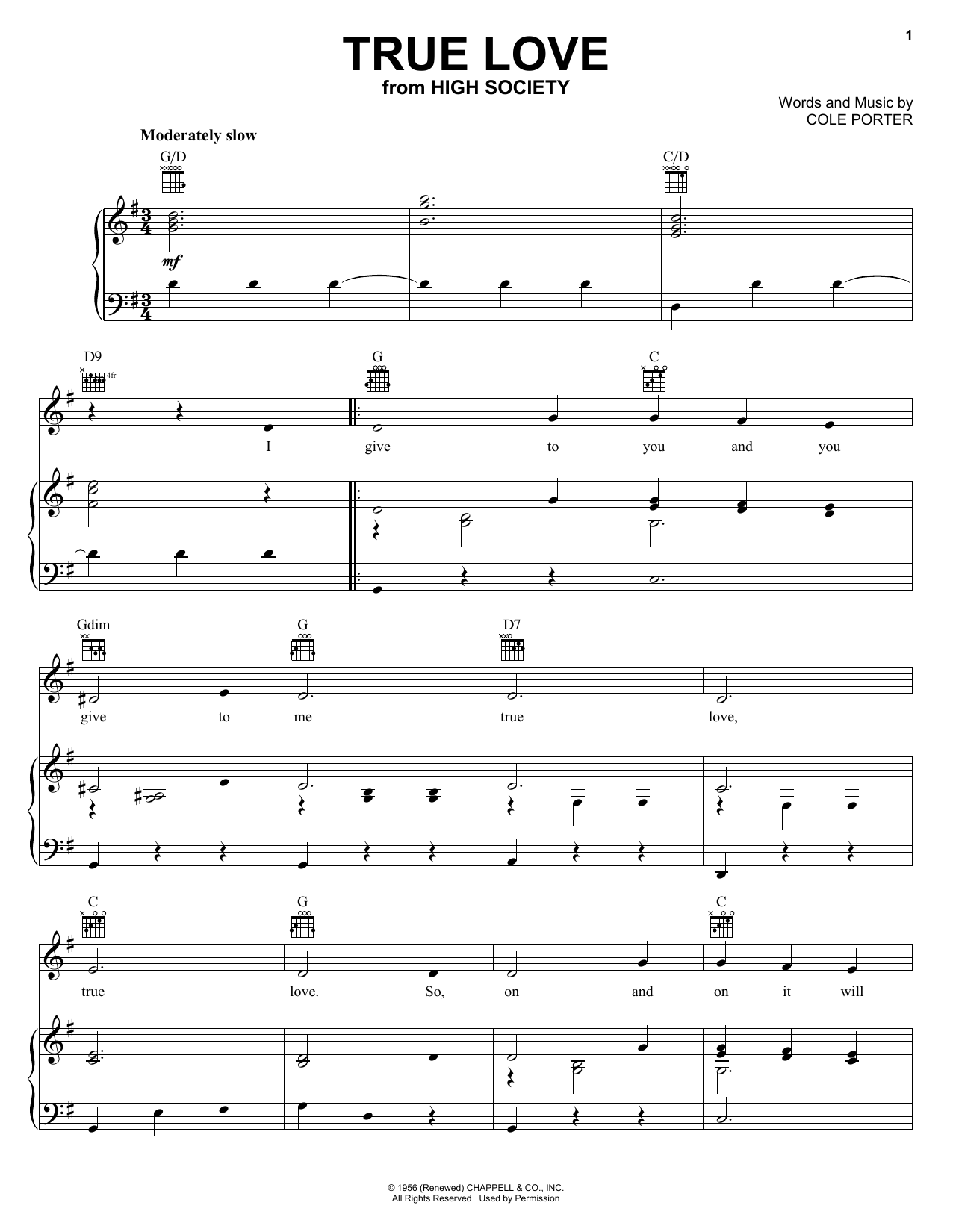 Preview Bing Crosby True Love Country sheet music, notes and chords for Piano, Vocal & Guitar (Right-Hand Melody), SKU: 16449 sheet music, piano notes, chords, guitar tabs, score, transpose, transcribe, how to play, guide, download, learn, tutorial, progression, song, artist, awards, billboard, mtv, vh1, tour, single, album, release