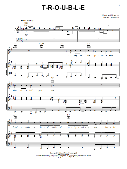 Preview Elvis Presley T-R-O-U-B-L-E Pop sheet music, notes and chords for Piano, Vocal & Guitar (Right-Hand Melody), SKU: 16451 sheet music, piano notes, chords, guitar tabs, score, transpose, transcribe, how to play, guide, download, learn, tutorial, progression, song, artist, awards, billboard, mtv, vh1, tour, single, album, release