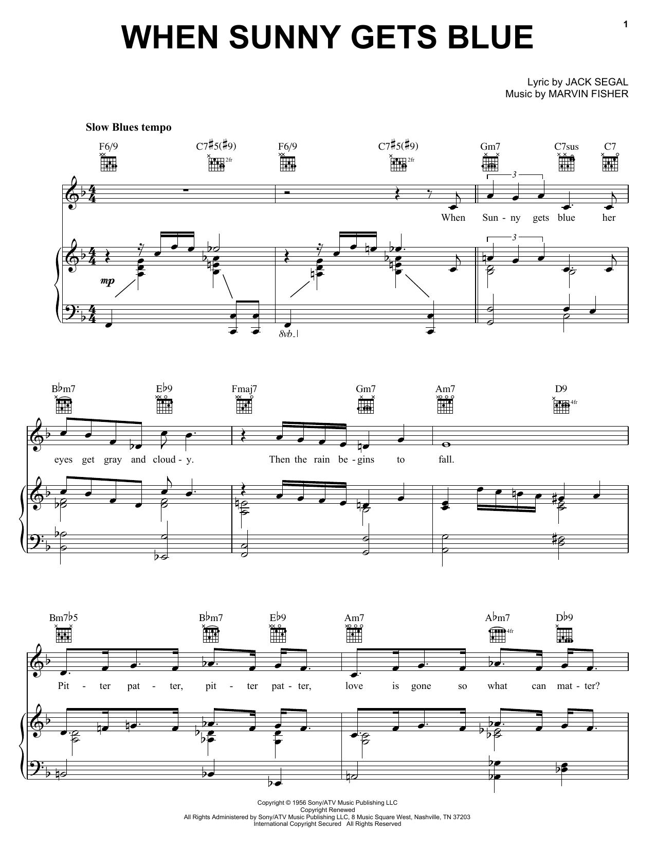 Preview Jack Segal When Sunny Gets Blue Jazz sheet music, notes and chords for Piano, Vocal & Guitar (Right-Hand Melody), SKU: 16457 sheet music, piano notes, chords, guitar tabs, score, transpose, transcribe, how to play, guide, download, learn, tutorial, progression, song, artist, awards, billboard, mtv, vh1, tour, single, album, release