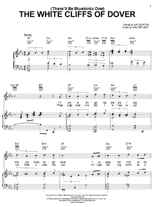 Preview Nat Burton (There'll Be Bluebirds Over) The White Cliffs Of Dover American sheet music, notes and chords for Piano, Vocal & Guitar (Right-Hand Melody), SKU: 16459 sheet music, piano notes, chords, guitar tabs, score, transpose, transcribe, how to play, guide, download, learn, tutorial, progression, song, artist, awards, billboard, mtv, vh1, tour, single, album, release