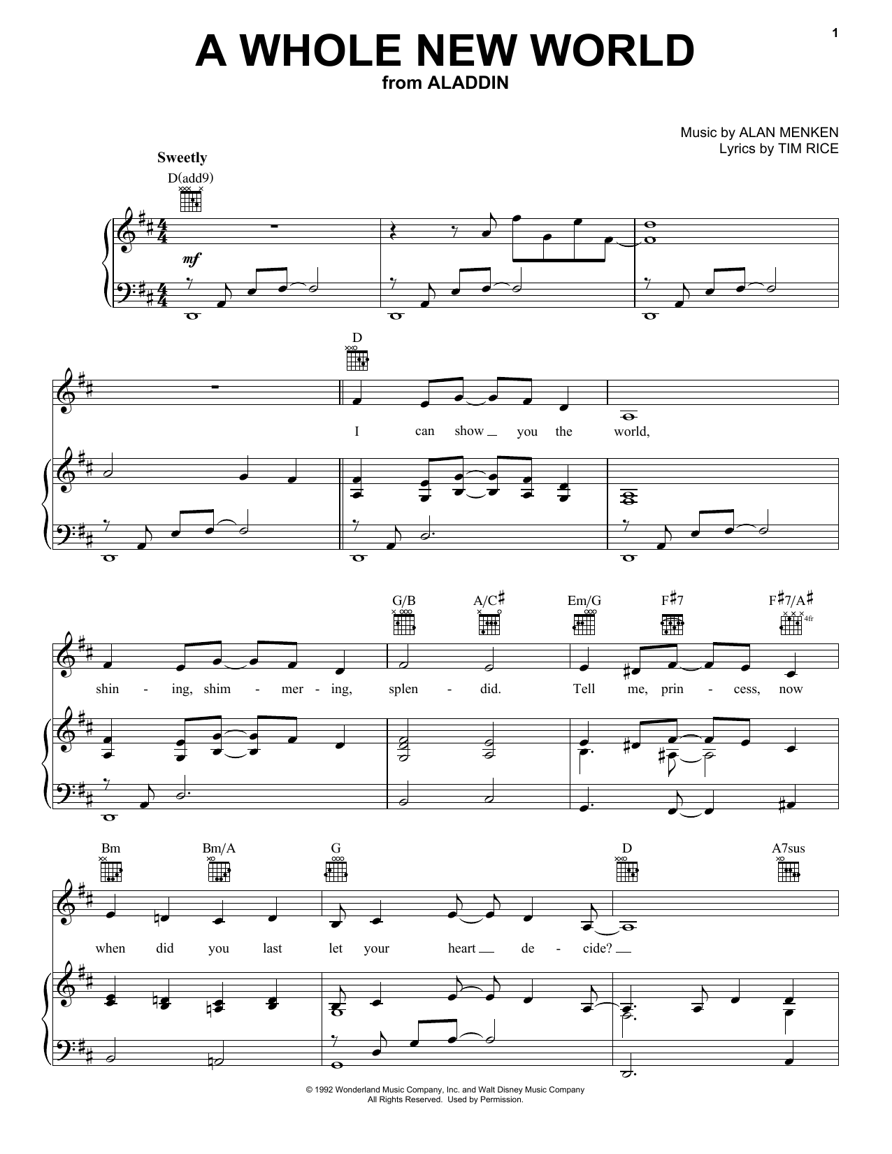 Preview Alan Menken A Whole New World Film and TV sheet music, notes and chords for Piano, Vocal & Guitar (Right-Hand Melody), SKU: 16460 sheet music, piano notes, chords, guitar tabs, score, transpose, transcribe, how to play, guide, download, learn, tutorial, progression, song, artist, awards, billboard, mtv, vh1, tour, single, album, release