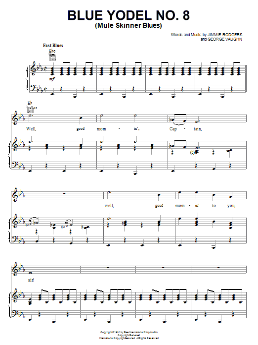 Preview Jimmie Rodgers Blue Yodel No. 8 (Mule Skinner Blues) Country sheet music, notes and chords for Piano, Vocal & Guitar (Right-Hand Melody), SKU: 16461 sheet music, piano notes, chords, guitar tabs, score, transpose, transcribe, how to play, guide, download, learn, tutorial, progression, song, artist, awards, billboard, mtv, vh1, tour, single, album, release