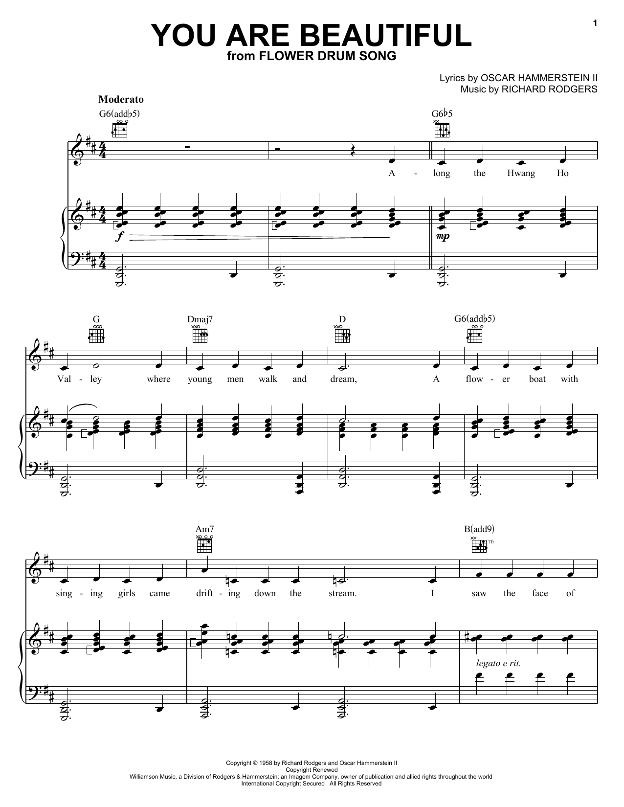 Preview Rodgers & Hammerstein You Are Beautiful Musicals sheet music, notes and chords for Piano, Vocal & Guitar (Right-Hand Melody), SKU: 16462 sheet music, piano notes, chords, guitar tabs, score, transpose, transcribe, how to play, guide, download, learn, tutorial, progression, song, artist, awards, billboard, mtv, vh1, tour, single, album, release