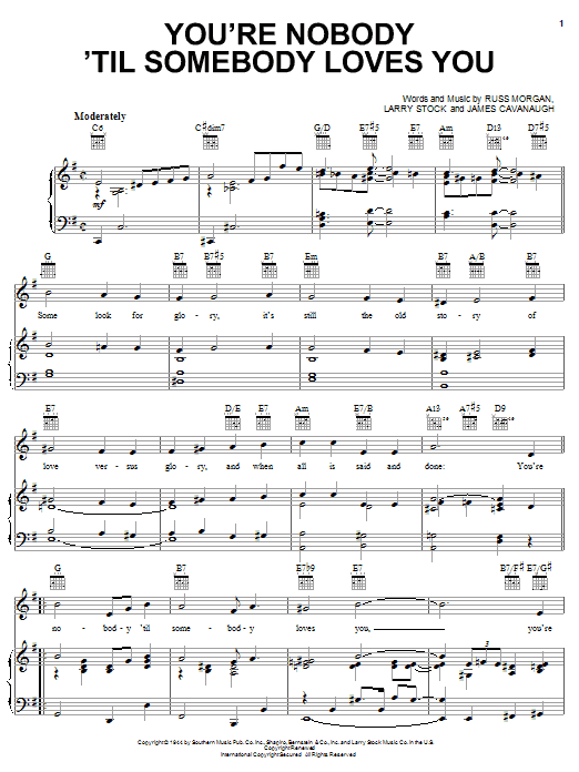 Preview Dean Martin You're Nobody 'Til Somebody Loves You Pop sheet music, notes and chords for Piano, Vocal & Guitar (Right-Hand Melody), SKU: 16464 sheet music, piano notes, chords, guitar tabs, score, transpose, transcribe, how to play, guide, download, learn, tutorial, progression, song, artist, awards, billboard, mtv, vh1, tour, single, album, release