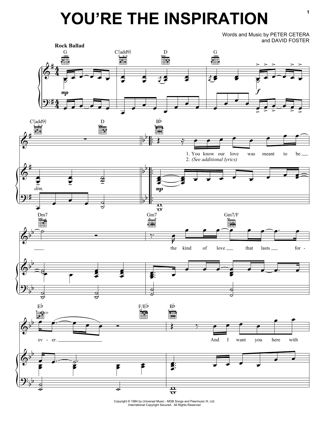 Preview Chicago You're The Inspiration Pop sheet music, notes and chords for Piano, Vocal & Guitar (Right-Hand Melody), SKU: 16466 sheet music, piano notes, chords, guitar tabs, score, transpose, transcribe, how to play, guide, download, learn, tutorial, progression, song, artist, awards, billboard, mtv, vh1, tour, single, album, release