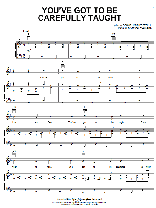 Preview Rodgers & Hammerstein You've Got To Be Carefully Taught Broadway sheet music, notes and chords for Piano, Vocal & Guitar (Right-Hand Melody), SKU: 16467 sheet music, piano notes, chords, guitar tabs, score, transpose, transcribe, how to play, guide, download, learn, tutorial, progression, song, artist, awards, billboard, mtv, vh1, tour, single, album, release