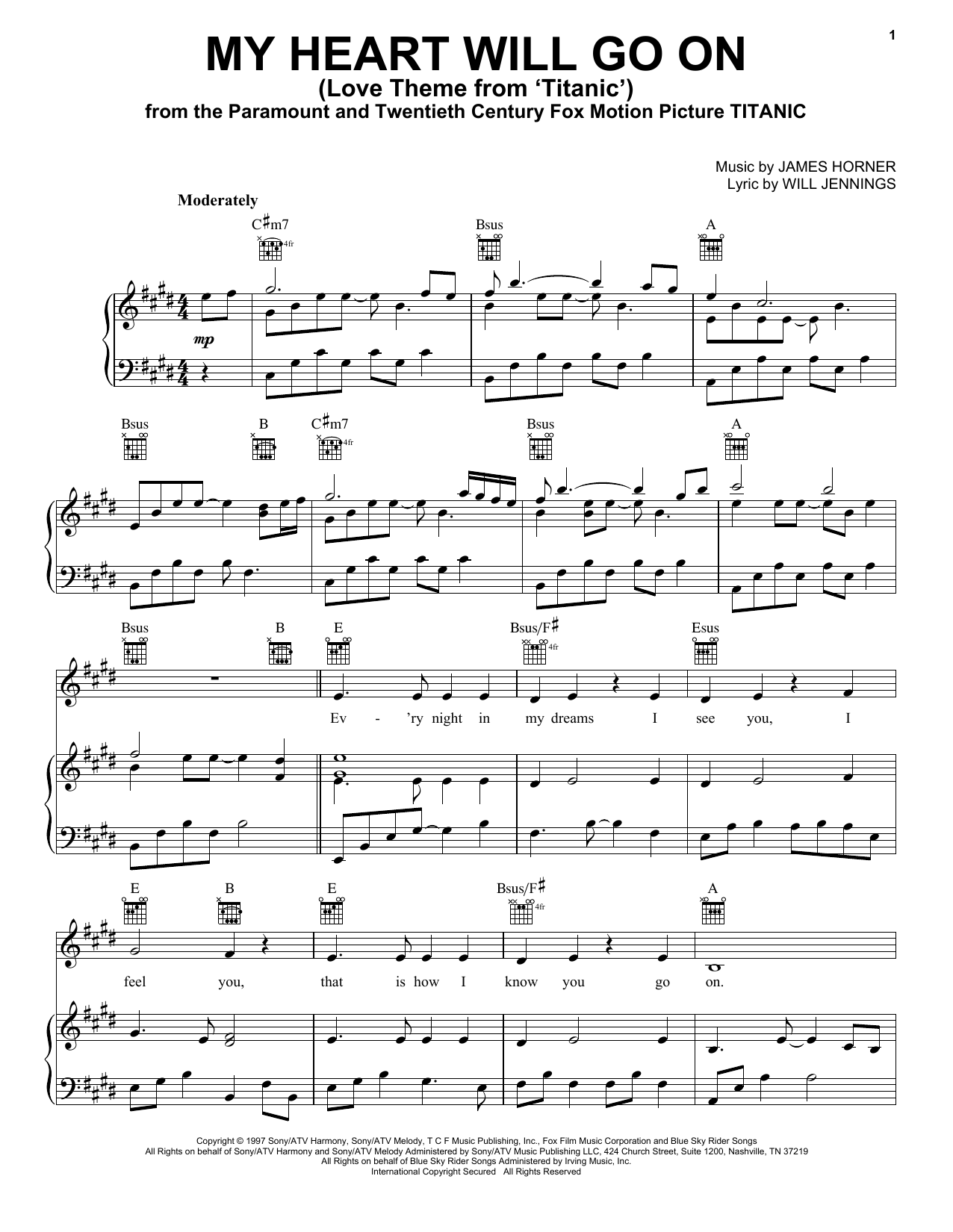Preview Celine Dion My Heart Will Go On (Love Theme from Titanic) Religious sheet music, notes and chords for Piano, Vocal & Guitar (Right-Hand Melody), SKU: 16468 sheet music, piano notes, chords, guitar tabs, score, transpose, transcribe, how to play, guide, download, learn, tutorial, progression, song, artist, awards, billboard, mtv, vh1, tour, single, album, release