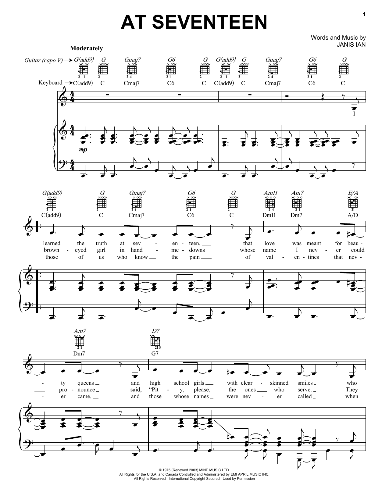 Preview Janis Ian At Seventeen Pop sheet music, notes and chords for Piano, Vocal & Guitar (Right-Hand Melody), SKU: 16469 sheet music, piano notes, chords, guitar tabs, score, transpose, transcribe, how to play, guide, download, learn, tutorial, progression, song, artist, awards, billboard, mtv, vh1, tour, single, album, release