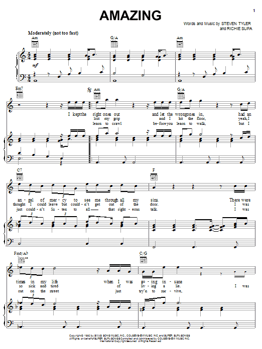 Preview Aerosmith Amazing (It's Amazing) Rock sheet music, notes and chords for Piano, Vocal & Guitar (Right-Hand Melody), SKU: 16470 sheet music, piano notes, chords, guitar tabs, score, transpose, transcribe, how to play, guide, download, learn, tutorial, progression, song, artist, awards, billboard, mtv, vh1, tour, single, album, release