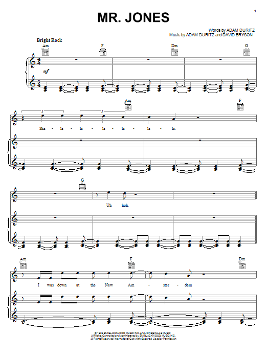 Preview Counting Crows Mr. Jones Rock sheet music, notes and chords for Piano, Vocal & Guitar (Right-Hand Melody), SKU: 16472 sheet music, piano notes, chords, guitar tabs, score, transpose, transcribe, how to play, guide, download, learn, tutorial, progression, song, artist, awards, billboard, mtv, vh1, tour, single, album, release
