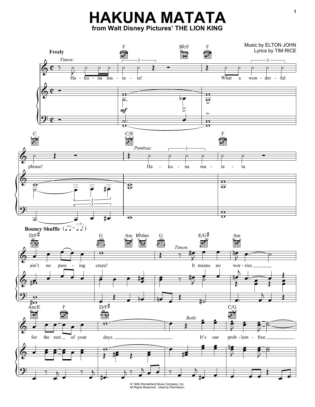 Preview Elton John Hakuna Matata Children sheet music, notes and chords for Piano, Vocal & Guitar (Right-Hand Melody), SKU: 16474 sheet music, piano notes, chords, guitar tabs, score, transpose, transcribe, how to play, guide, download, learn, tutorial, progression, song, artist, awards, billboard, mtv, vh1, tour, single, album, release