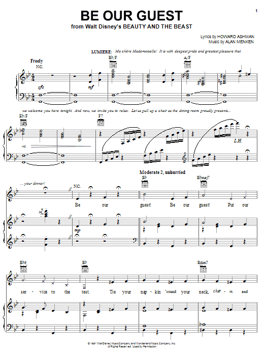 Preview Alan Menken Be Our Guest Children sheet music, notes and chords for Piano, Vocal & Guitar (Right-Hand Melody), SKU: 16482 sheet music, piano notes, chords, guitar tabs, score, transpose, transcribe, how to play, guide, download, learn, tutorial, progression, song, artist, awards, billboard, mtv, vh1, tour, single, album, release
