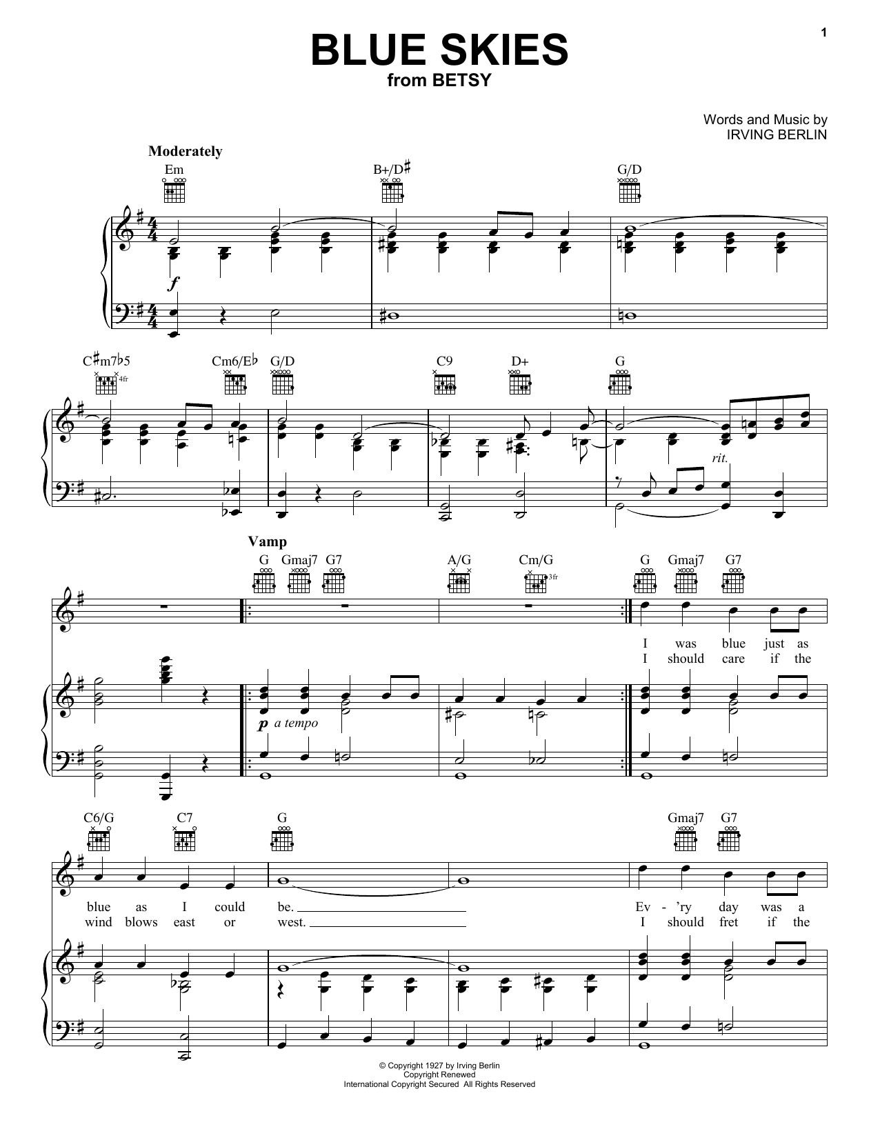 Preview Frank Sinatra Blue Skies Jazz sheet music, notes and chords for Piano, Vocal & Guitar (Right-Hand Melody), SKU: 16484 sheet music, piano notes, chords, guitar tabs, score, transpose, transcribe, how to play, guide, download, learn, tutorial, progression, song, artist, awards, billboard, mtv, vh1, tour, single, album, release