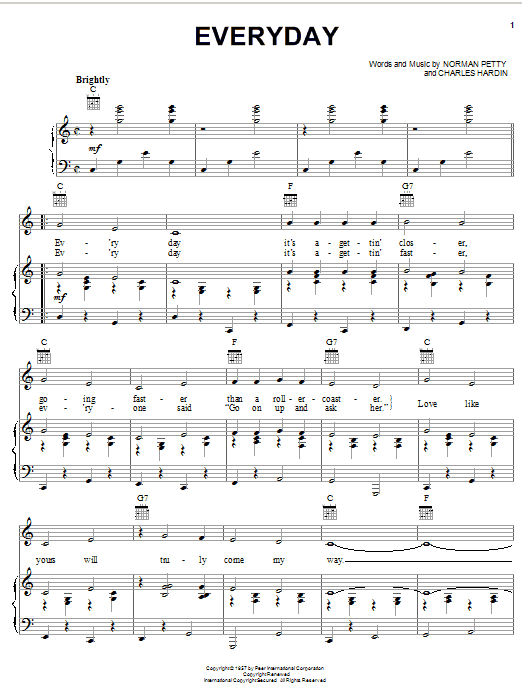 Preview Buddy Holly Everyday Pop sheet music, notes and chords for Piano, Vocal & Guitar (Right-Hand Melody), SKU: 16488 sheet music, piano notes, chords, guitar tabs, score, transpose, transcribe, how to play, guide, download, learn, tutorial, progression, song, artist, awards, billboard, mtv, vh1, tour, single, album, release
