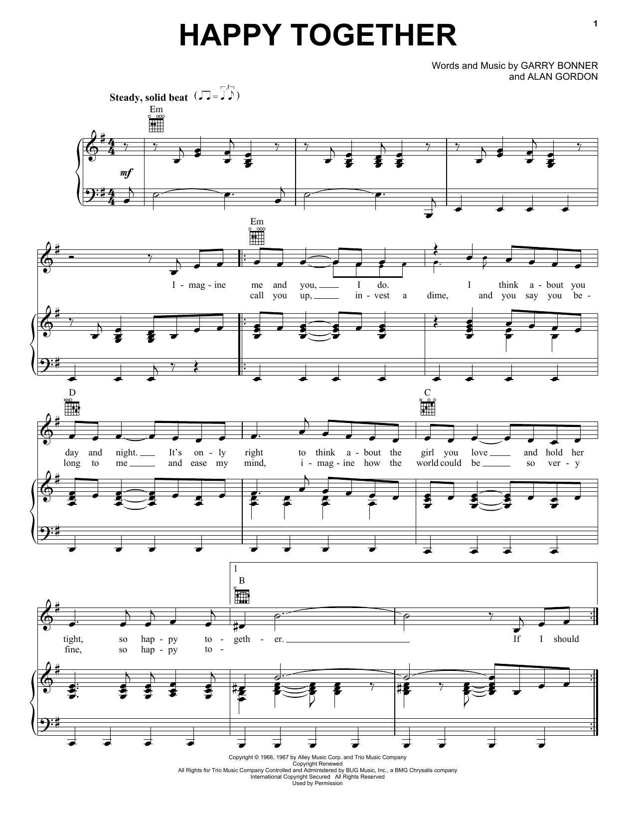 Preview The Turtles Happy Together Pop sheet music, notes and chords for Piano, Vocal & Guitar (Right-Hand Melody), SKU: 16493 sheet music, piano notes, chords, guitar tabs, score, transpose, transcribe, how to play, guide, download, learn, tutorial, progression, song, artist, awards, billboard, mtv, vh1, tour, single, album, release
