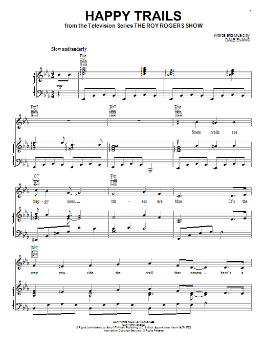 Preview Roy Rogers Happy Trails Film and TV sheet music, notes and chords for Piano, Vocal & Guitar (Right-Hand Melody), SKU: 16494 sheet music, piano notes, chords, guitar tabs, score, transpose, transcribe, how to play, guide, download, learn, tutorial, progression, song, artist, awards, billboard, mtv, vh1, tour, single, album, release