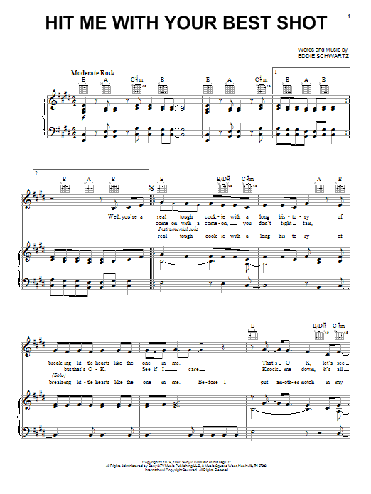 Preview Pat Benatar Hit Me With Your Best Shot Rock sheet music, notes and chords for Piano, Vocal & Guitar (Right-Hand Melody), SKU: 16495 sheet music, piano notes, chords, guitar tabs, score, transpose, transcribe, how to play, guide, download, learn, tutorial, progression, song, artist, awards, billboard, mtv, vh1, tour, single, album, release