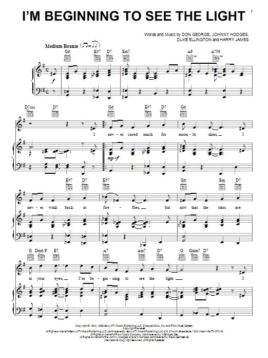 Preview Duke Ellington I'm Beginning To See The Light Pop sheet music, notes and chords for Piano, Vocal & Guitar (Right-Hand Melody), SKU: 16499 sheet music, piano notes, chords, guitar tabs, score, transpose, transcribe, how to play, guide, download, learn, tutorial, progression, song, artist, awards, billboard, mtv, vh1, tour, single, album, release
