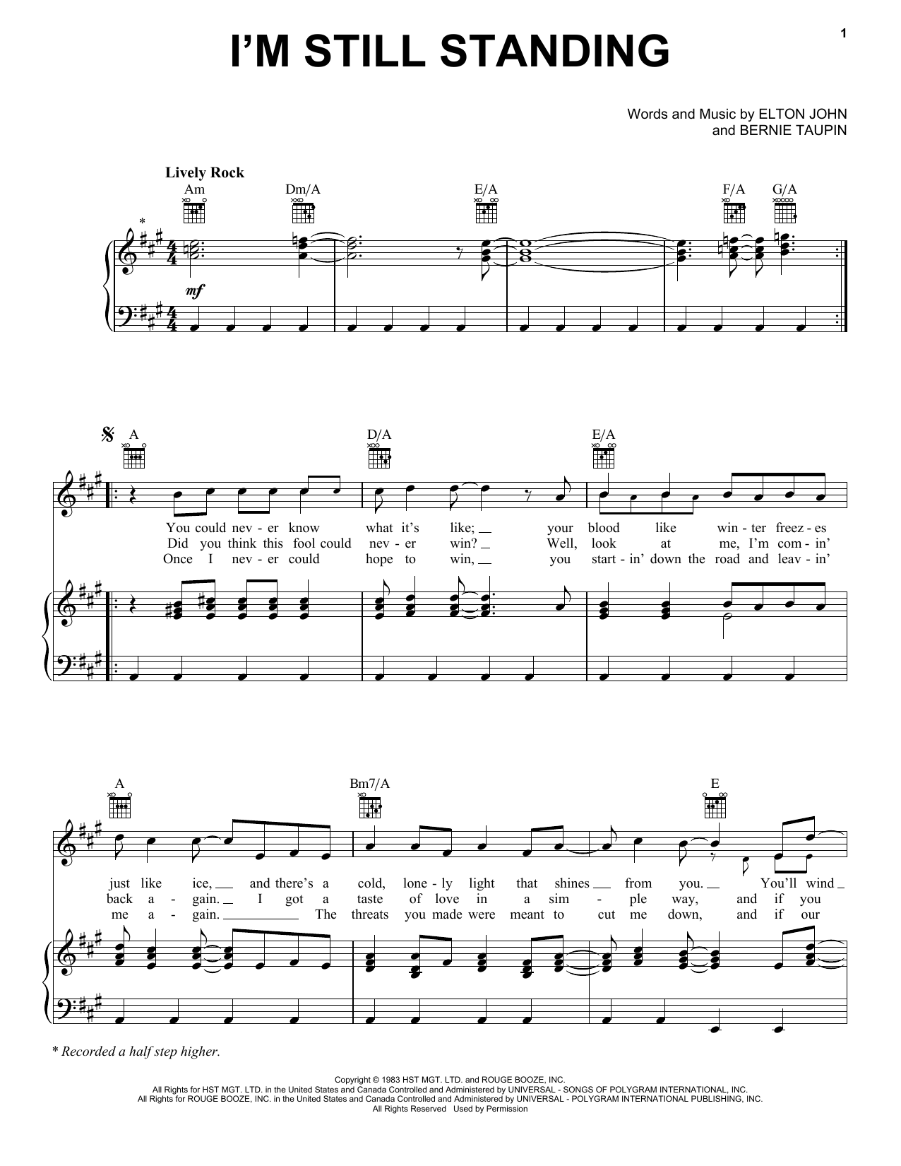 Preview Elton John I'm Still Standing Rock sheet music, notes and chords for Piano, Vocal & Guitar (Right-Hand Melody), SKU: 16500 sheet music, piano notes, chords, guitar tabs, score, transpose, transcribe, how to play, guide, download, learn, tutorial, progression, song, artist, awards, billboard, mtv, vh1, tour, single, album, release