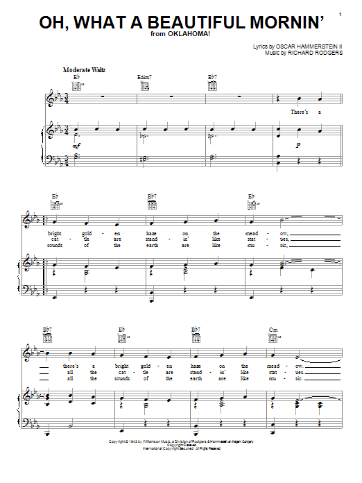 Preview Rodgers & Hammerstein Oh, What A Beautiful Mornin' Musicals sheet music, notes and chords for Piano, Vocal & Guitar (Right-Hand Melody), SKU: 16504 sheet music, piano notes, chords, guitar tabs, score, transpose, transcribe, how to play, guide, download, learn, tutorial, progression, song, artist, awards, billboard, mtv, vh1, tour, single, album, release