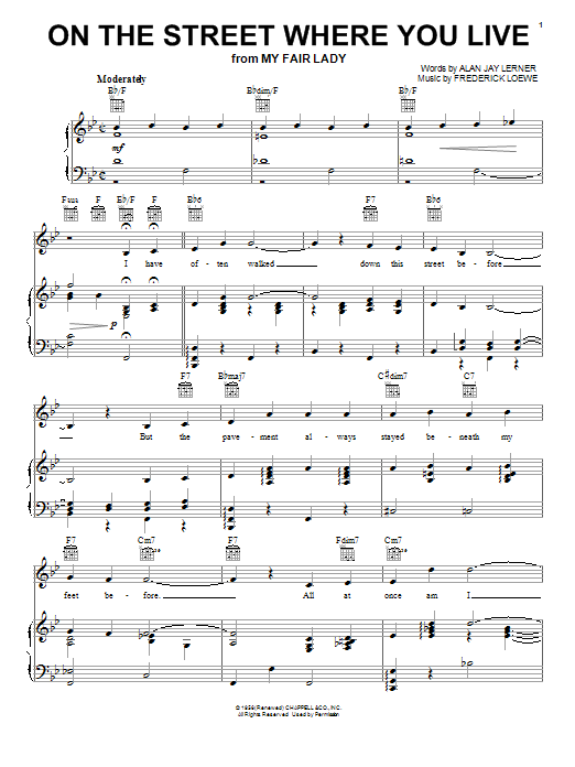 Preview Lerner & Loewe On The Street Where You Live Folk sheet music, notes and chords for Piano, Vocal & Guitar (Right-Hand Melody), SKU: 16505 sheet music, piano notes, chords, guitar tabs, score, transpose, transcribe, how to play, guide, download, learn, tutorial, progression, song, artist, awards, billboard, mtv, vh1, tour, single, album, release