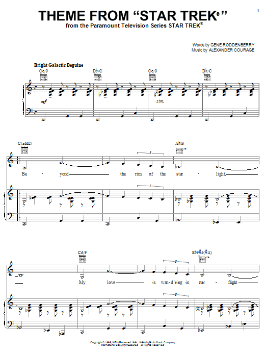 Preview Alexander Courage Theme from Star Trek(R) Film and TV sheet music, notes and chords for Piano, Vocal & Guitar (Right-Hand Melody), SKU: 16510 sheet music, piano notes, chords, guitar tabs, score, transpose, transcribe, how to play, guide, download, learn, tutorial, progression, song, artist, awards, billboard, mtv, vh1, tour, single, album, release