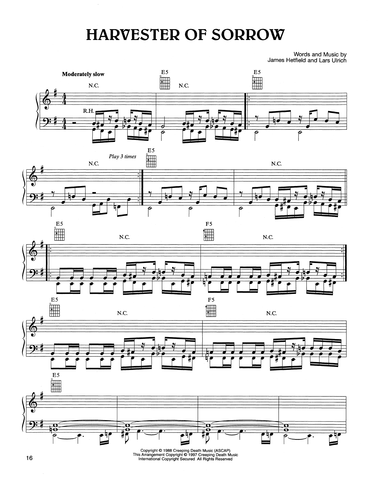 Preview Metallica Harvester Of Sorrow Rock sheet music, notes and chords for Piano, Vocal & Guitar (Right-Hand Melody), SKU: 165119 sheet music, piano notes, chords, guitar tabs, score, transpose, transcribe, how to play, guide, download, learn, tutorial, progression, song, artist, awards, billboard, mtv, vh1, tour, single, album, release