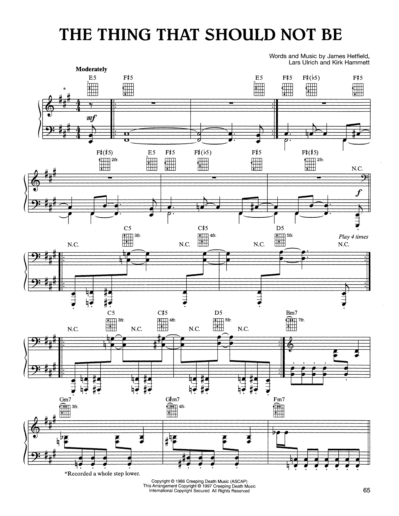 Preview Metallica The Thing That Should Not Be Rock sheet music, notes and chords for Piano, Vocal & Guitar (Right-Hand Melody), SKU: 165126 sheet music, piano notes, chords, guitar tabs, score, transpose, transcribe, how to play, guide, download, learn, tutorial, progression, song, artist, awards, billboard, mtv, vh1, tour, single, album, release