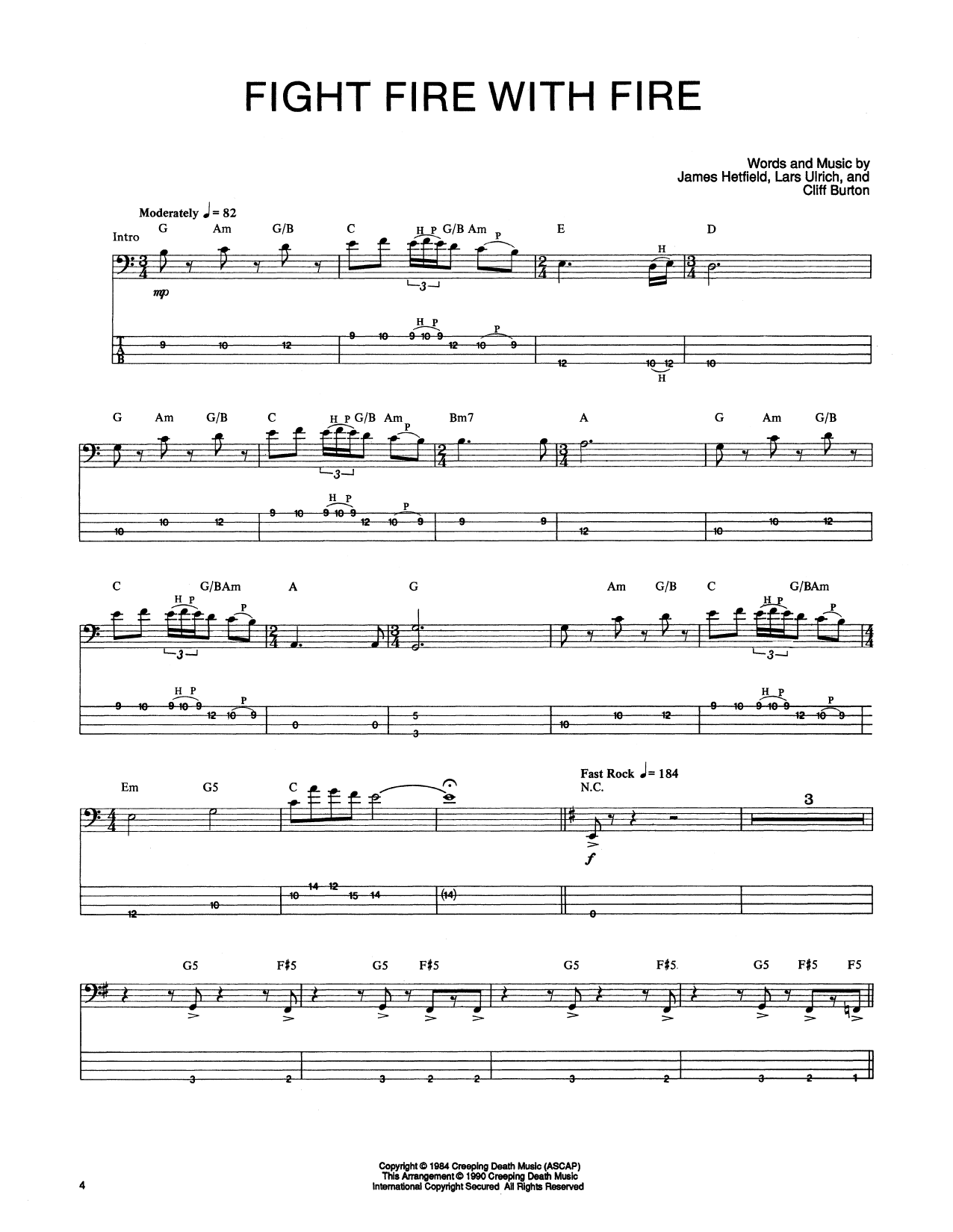 Preview Metallica Fight Fire With Fire Pop sheet music, notes and chords for Bass Guitar Tab, SKU: 165149 sheet music, piano notes, chords, guitar tabs, score, transpose, transcribe, how to play, guide, download, learn, tutorial, progression, song, artist, awards, billboard, mtv, vh1, tour, single, album, release