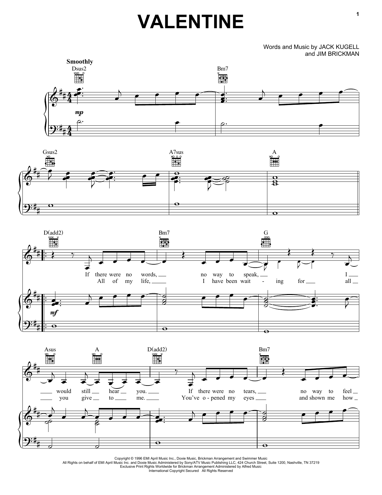 Preview Jim Brickman with Martina McBride Valentine Pop sheet music, notes and chords for Piano, Vocal & Guitar (Right-Hand Melody), SKU: 16514 sheet music, piano notes, chords, guitar tabs, score, transpose, transcribe, how to play, guide, download, learn, tutorial, progression, song, artist, awards, billboard, mtv, vh1, tour, single, album, release