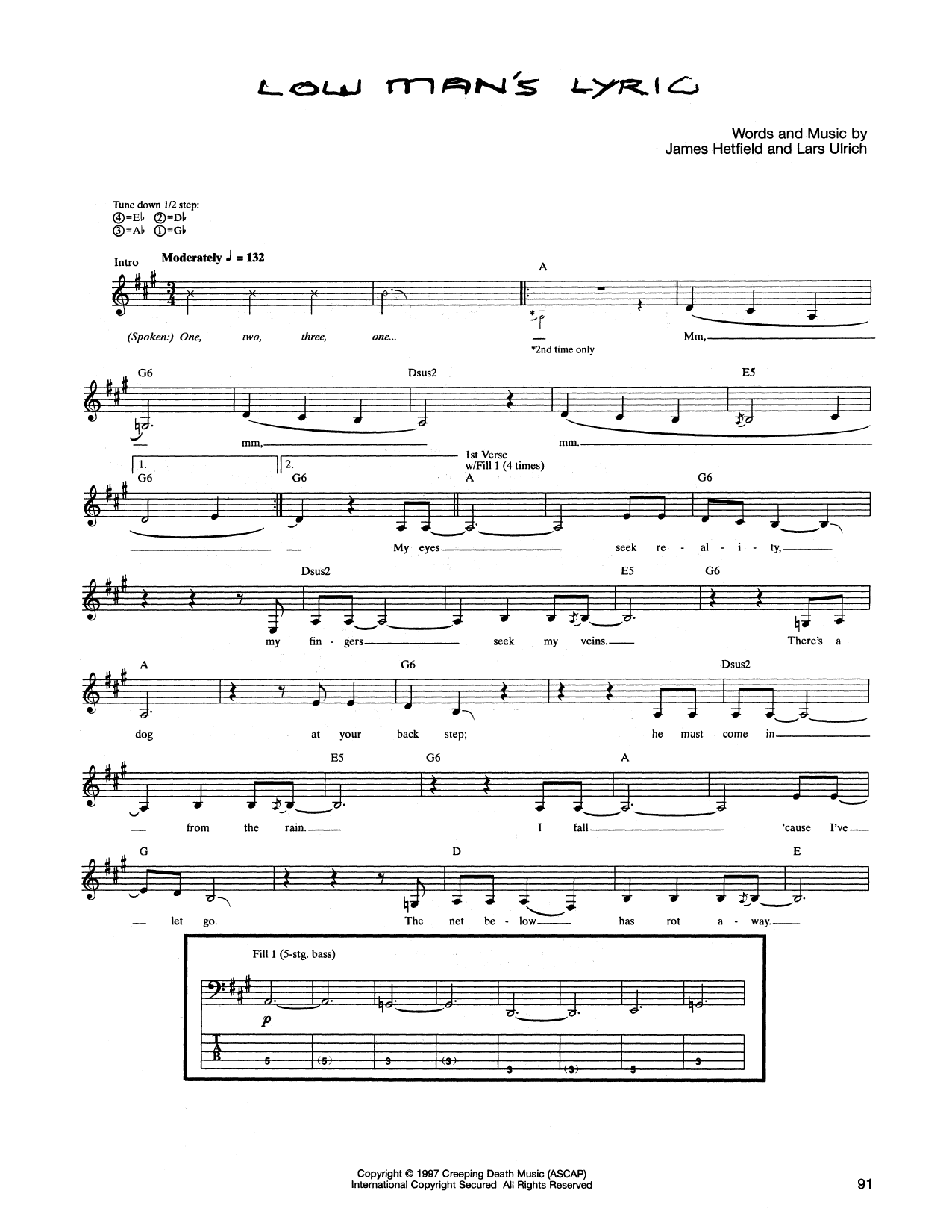 Preview Metallica Low Man's Lyric Rock sheet music, notes and chords for Bass Guitar Tab, SKU: 165169 sheet music, piano notes, chords, guitar tabs, score, transpose, transcribe, how to play, guide, download, learn, tutorial, progression, song, artist, awards, billboard, mtv, vh1, tour, single, album, release
