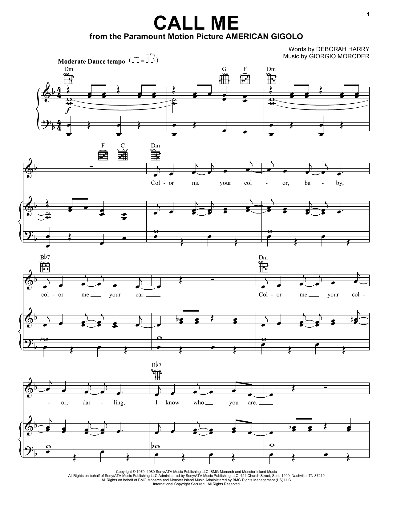 Preview Blondie Call Me Pop sheet music, notes and chords for Piano, Vocal & Guitar (Right-Hand Melody), SKU: 16517 sheet music, piano notes, chords, guitar tabs, score, transpose, transcribe, how to play, guide, download, learn, tutorial, progression, song, artist, awards, billboard, mtv, vh1, tour, single, album, release