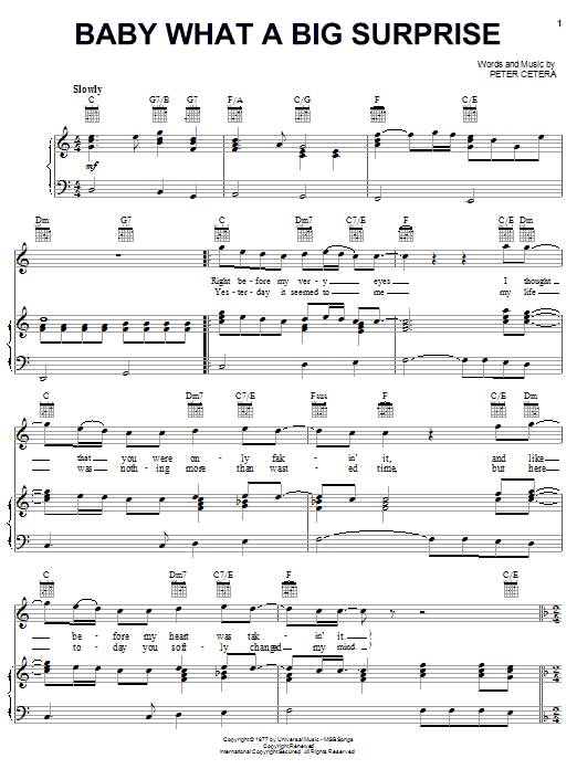 Preview Chicago Baby What A Big Surprise Rock sheet music, notes and chords for Piano, Vocal & Guitar (Right-Hand Melody), SKU: 16518 sheet music, piano notes, chords, guitar tabs, score, transpose, transcribe, how to play, guide, download, learn, tutorial, progression, song, artist, awards, billboard, mtv, vh1, tour, single, album, release