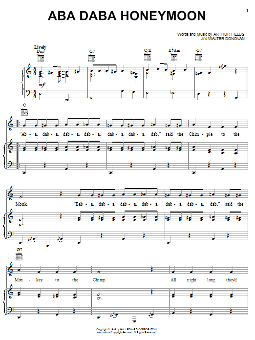 Preview Arthur Fields Aba Daba Honeymoon Jazz sheet music, notes and chords for Piano, Vocal & Guitar (Right-Hand Melody), SKU: 16519 sheet music, piano notes, chords, guitar tabs, score, transpose, transcribe, how to play, guide, download, learn, tutorial, progression, song, artist, awards, billboard, mtv, vh1, tour, single, album, release