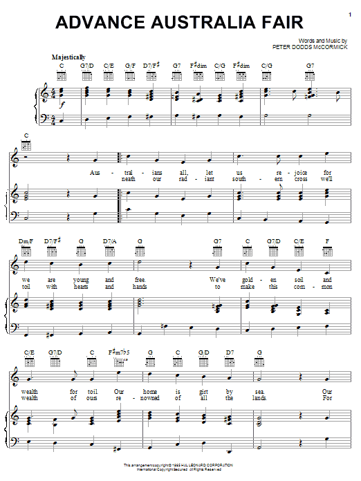 Preview Peter McCormick Advance Australia Fair (Australian National Anthem) Folk sheet music, notes and chords for Piano, Vocal & Guitar (Right-Hand Melody), SKU: 16520 sheet music, piano notes, chords, guitar tabs, score, transpose, transcribe, how to play, guide, download, learn, tutorial, progression, song, artist, awards, billboard, mtv, vh1, tour, single, album, release