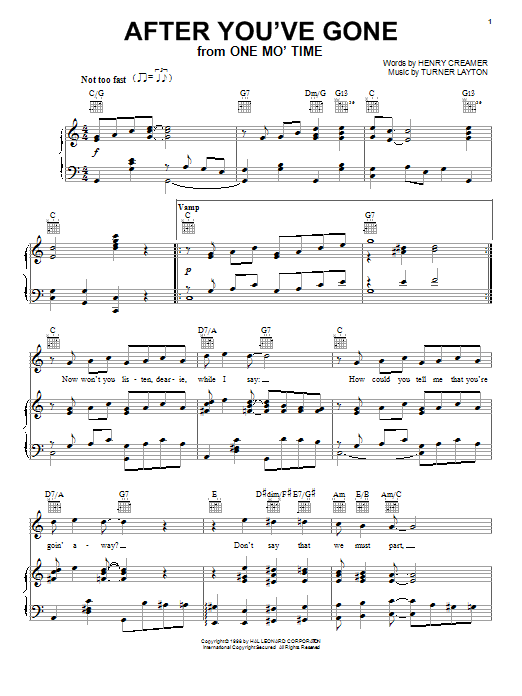 Preview Sophie Tucker After You've Gone Jazz sheet music, notes and chords for Piano, Vocal & Guitar (Right-Hand Melody), SKU: 16521 sheet music, piano notes, chords, guitar tabs, score, transpose, transcribe, how to play, guide, download, learn, tutorial, progression, song, artist, awards, billboard, mtv, vh1, tour, single, album, release