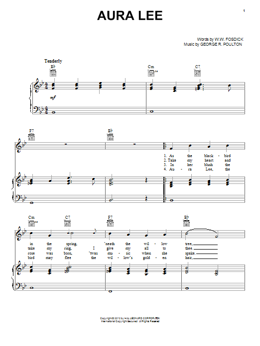 Preview George R. Poulton Aura Lee Folk sheet music, notes and chords for Piano, Vocal & Guitar (Right-Hand Melody), SKU: 16527 sheet music, piano notes, chords, guitar tabs, score, transpose, transcribe, how to play, guide, download, learn, tutorial, progression, song, artist, awards, billboard, mtv, vh1, tour, single, album, release