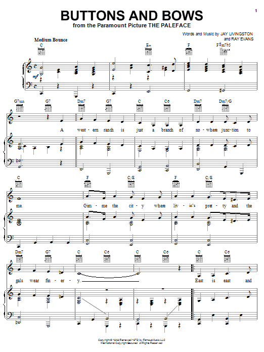Preview Bob Hope Buttons And Bows (from The Paleface) Film and TV sheet music, notes and chords for Piano, Vocal & Guitar (Right-Hand Melody), SKU: 16531 sheet music, piano notes, chords, guitar tabs, score, transpose, transcribe, how to play, guide, download, learn, tutorial, progression, song, artist, awards, billboard, mtv, vh1, tour, single, album, release