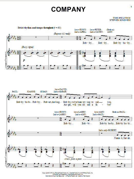 Preview Stephen Sondheim Company Broadway sheet music, notes and chords for Piano, Vocal & Guitar (Right-Hand Melody), SKU: 16532 sheet music, piano notes, chords, guitar tabs, score, transpose, transcribe, how to play, guide, download, learn, tutorial, progression, song, artist, awards, billboard, mtv, vh1, tour, single, album, release