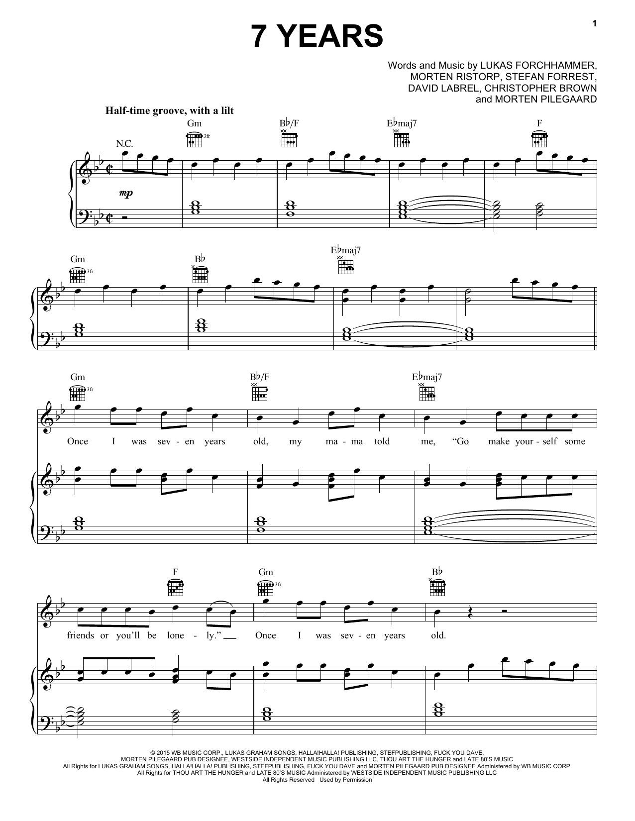 Preview Lukas Graham 7 Years Pop sheet music, notes and chords for Piano, Vocal & Guitar (Right-Hand Melody), SKU: 165358 sheet music, piano notes, chords, guitar tabs, score, transpose, transcribe, how to play, guide, download, learn, tutorial, progression, song, artist, awards, billboard, mtv, vh1, tour, single, album, release