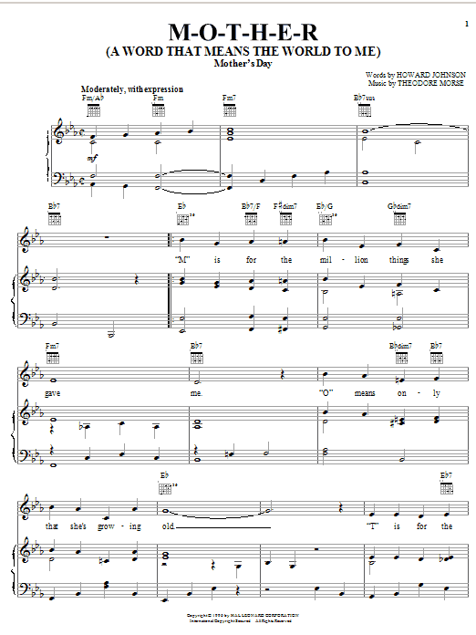 Preview Howard Johnson M-O-T-H-E-R (A Word That Means The World To Me) Country sheet music, notes and chords for Piano, Vocal & Guitar (Right-Hand Melody), SKU: 16536 sheet music, piano notes, chords, guitar tabs, score, transpose, transcribe, how to play, guide, download, learn, tutorial, progression, song, artist, awards, billboard, mtv, vh1, tour, single, album, release