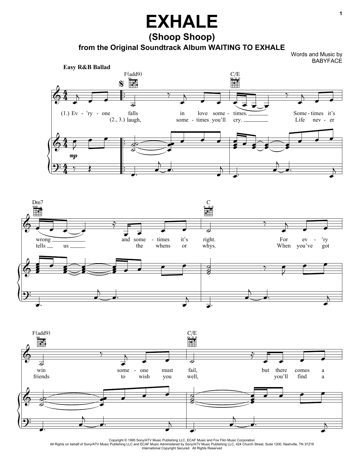 Preview Whitney Houston Exhale (Shoop Shoop) Film and TV sheet music, notes and chords for Piano, Vocal & Guitar (Right-Hand Melody), SKU: 16540 sheet music, piano notes, chords, guitar tabs, score, transpose, transcribe, how to play, guide, download, learn, tutorial, progression, song, artist, awards, billboard, mtv, vh1, tour, single, album, release